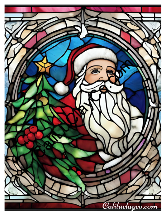 Santa with Christmas Tree Stained Glass #2 LARGE Left & Right Polymer Clay Water-Soluble Transfer Sheet / Tattoo Paper