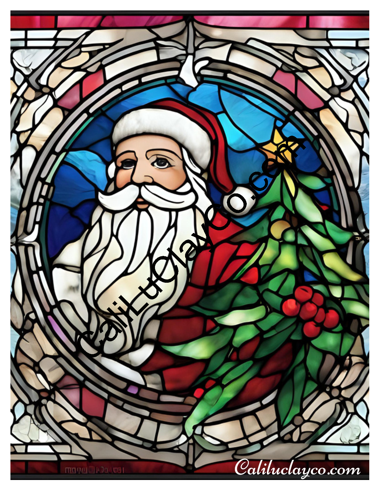 Santa with Christmas Tree Stained Glass #2 LARGE Left & Right Polymer Clay Water-Soluble Transfer Sheet / Tattoo Paper