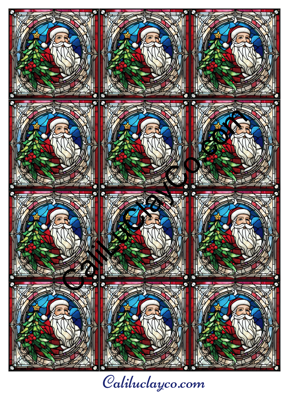Santa with Christmas Tree Stained Glass #2 MULTI Left & Right Polymer Clay Water-Soluble Transfer Sheet / Tattoo Paper