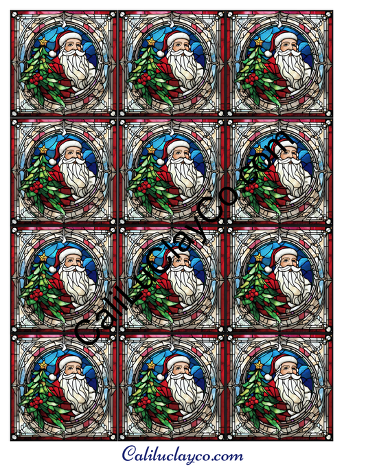 Santa with Christmas Tree Stained Glass #2 MULTI Left & Right Polymer Clay Water-Soluble Transfer Sheet / Tattoo Paper
