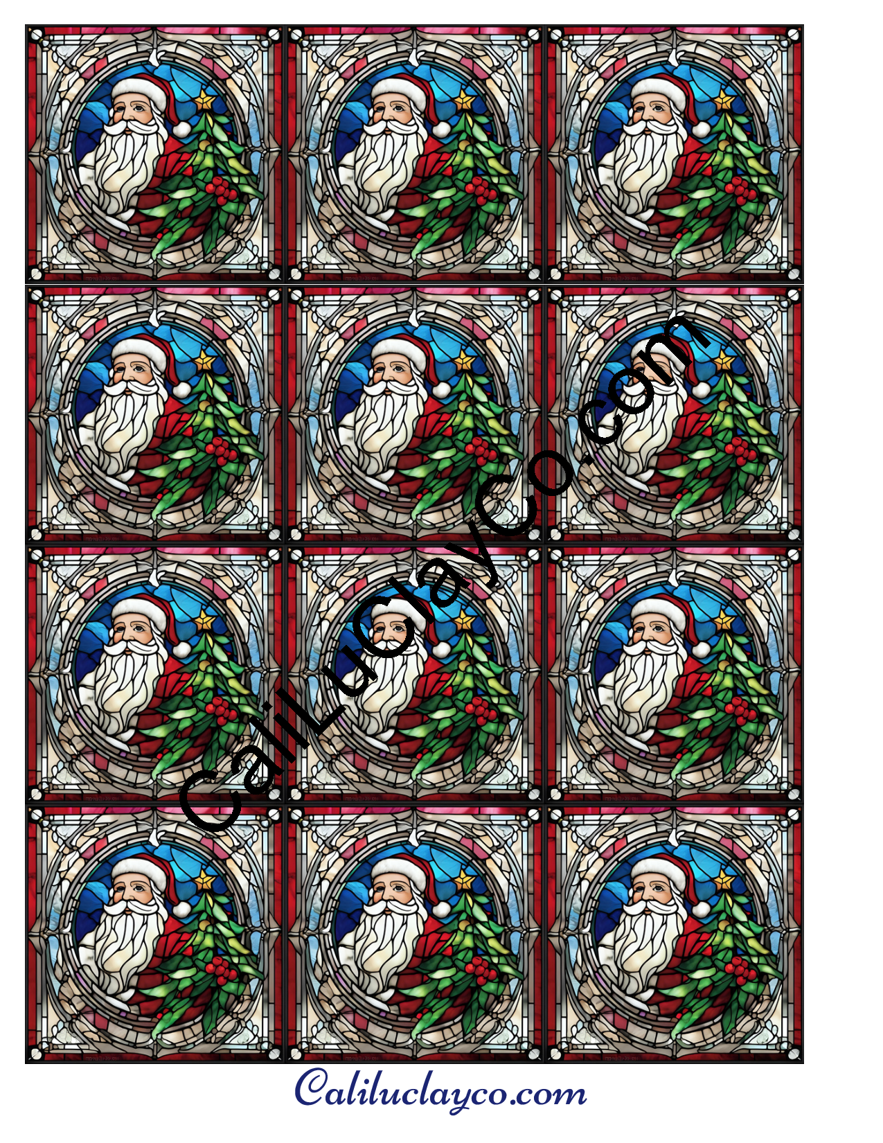 Santa with Christmas Tree Stained Glass #2 MULTI Left & Right Polymer Clay Water-Soluble Transfer Sheet / Tattoo Paper