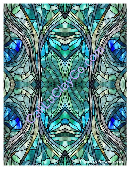 Teal Stained Glass #8 Mirrored & Multi Polymer Clay Water-Soluble Transfer Sheet / Tattoo Paper