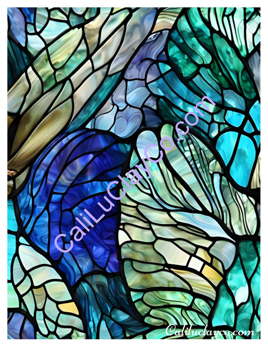 Teal Stained Glass #9 Left & Right Polymer Clay Water-Soluble Transfer Sheet / Tattoo Paper