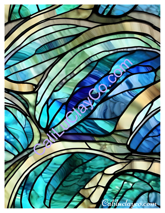 Teal Stained Glass #11 Left & Right Polymer Clay Water-Soluble Transfer Sheet / Tattoo Paper