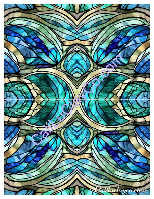 Teal Stained Glass #11 Mirrored Polymer Clay Water-Soluble Transfer Sheet / Tattoo Paper