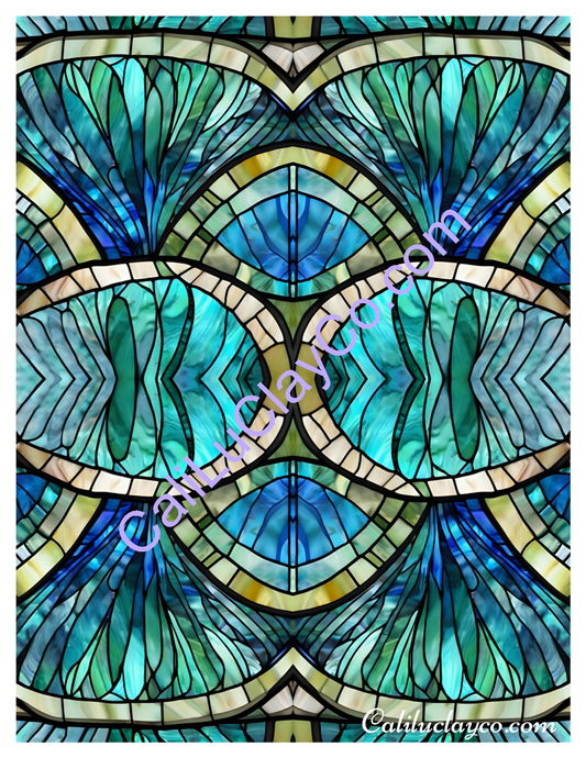 Teal Stained Glass #13 Mirrored Polymer Clay Water-Soluble Transfer Sheet / Tattoo Paper