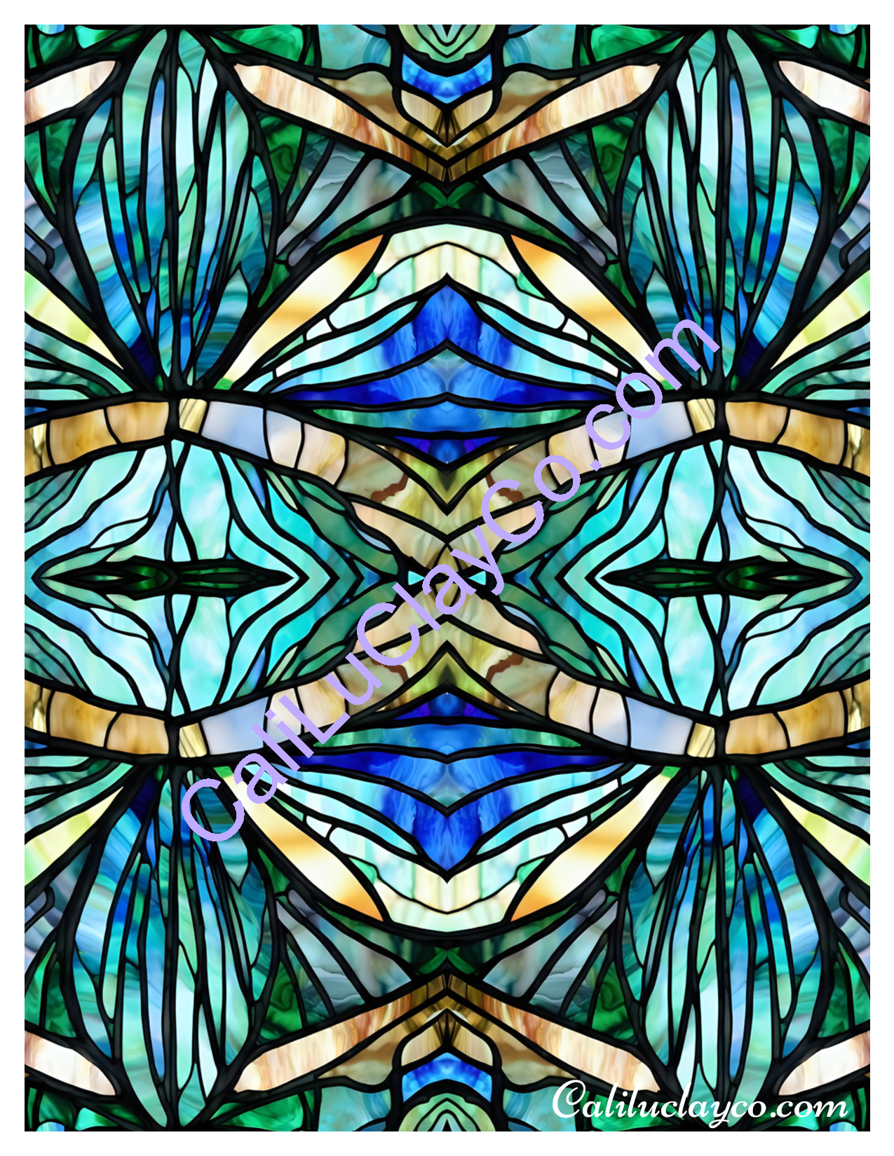 Teal Stained Glass #14 Mirrored Polymer Clay Water-Soluble Transfer Sheet / Tattoo Paper
