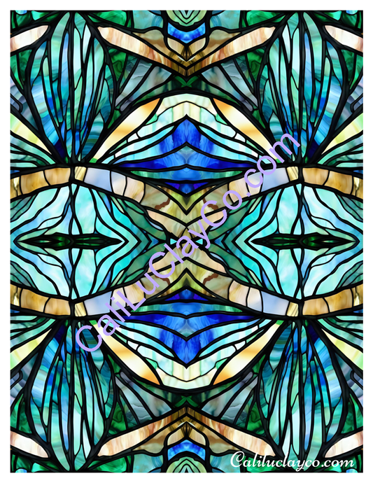 Teal Stained Glass #14 Mirrored Polymer Clay Water-Soluble Transfer Sheet / Tattoo Paper