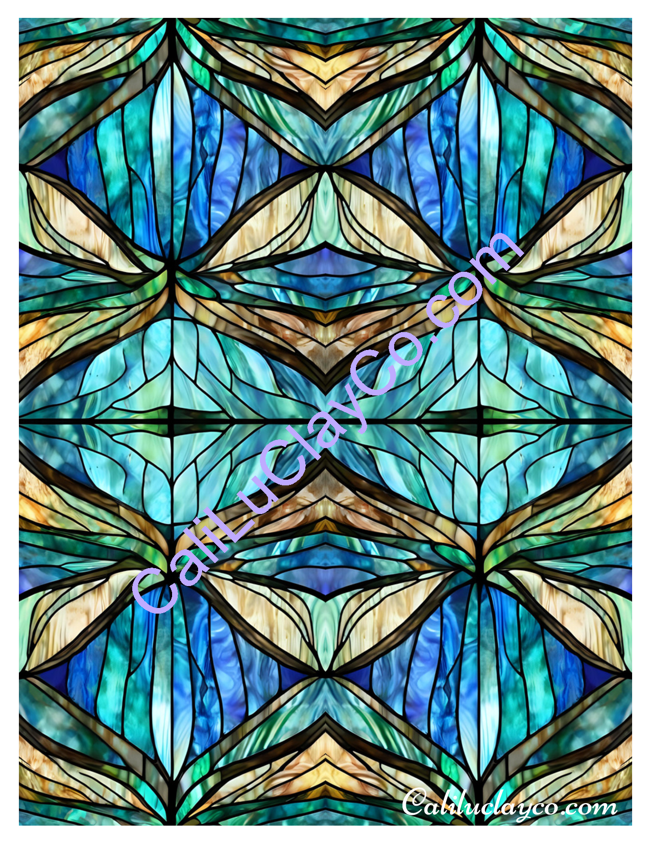 Teal Stained Glass #15 Mirrored Polymer Clay Water-Soluble Transfer Sheet / Tattoo Paper
