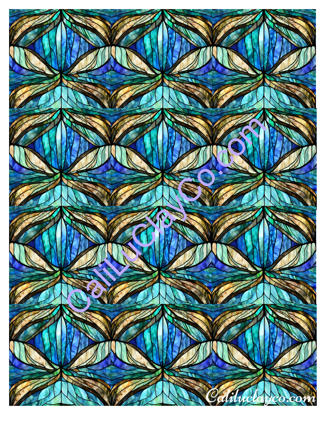 Teal Stained Glass #15 MULTI Polymer Clay Water-Soluble Transfer Sheet / Tattoo Paper
