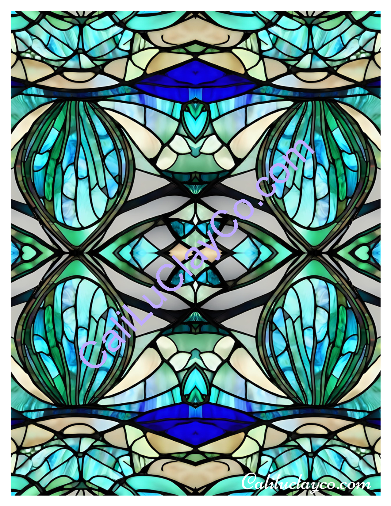 Teal Stained Glass #17 Mirrored Pattern Polymer Clay Water-Soluble Transfer Sheet / Tattoo Paper