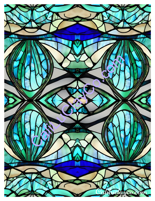 Teal Stained Glass #17 Mirrored Pattern Polymer Clay Water-Soluble Transfer Sheet / Tattoo Paper