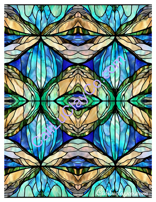 Teal Stained Glass #18 Mirrored Pattern Polymer Clay Water-Soluble Transfer Sheet / Tattoo Paper