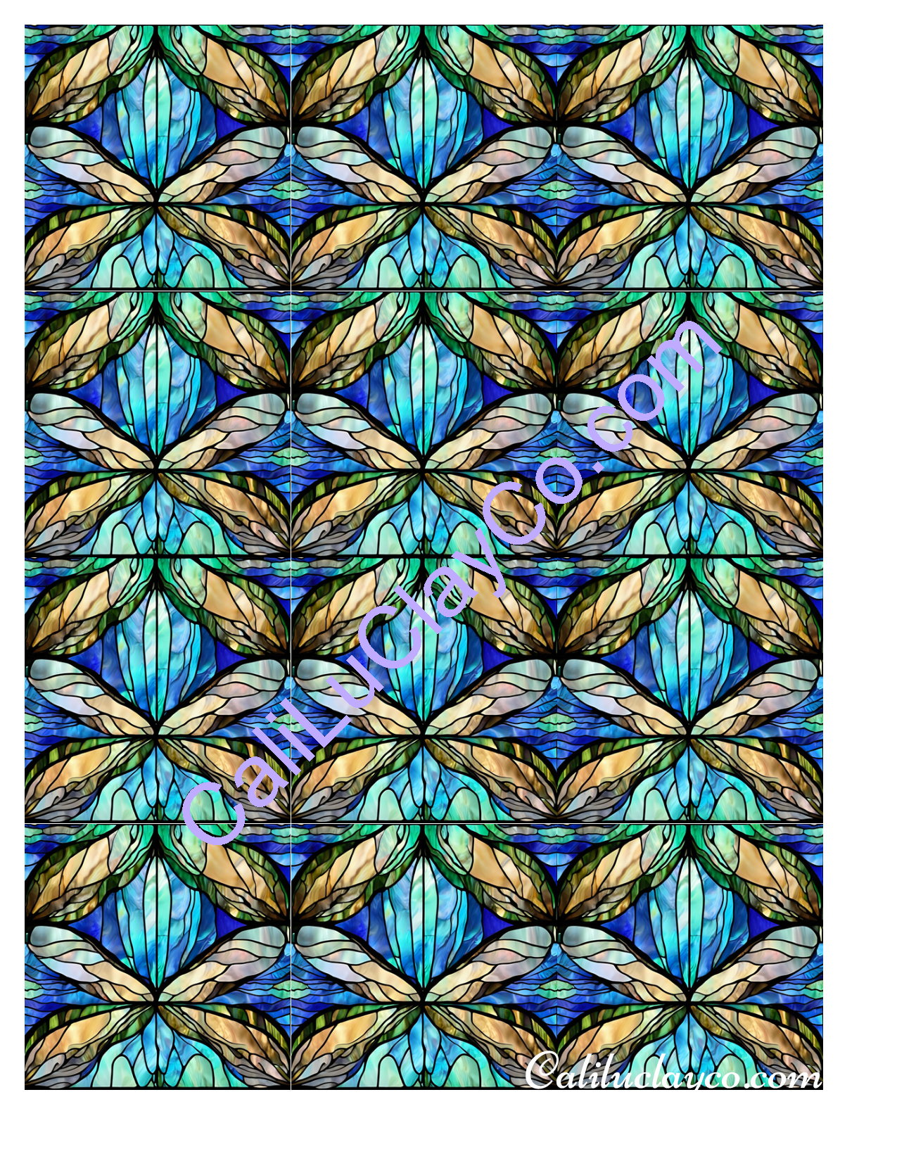 Teal Stained Glass #18 MULTI Pattern Polymer Clay Water-Soluble Transfer Sheet / Tattoo Paper