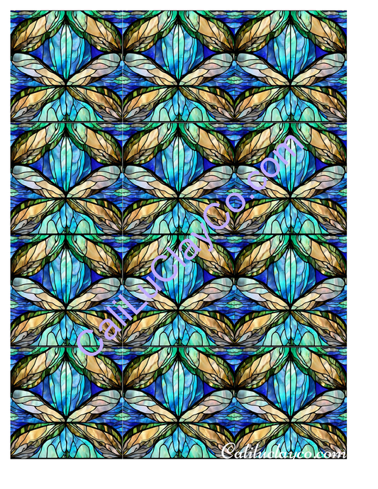 Teal Stained Glass #18 MULTI Pattern Polymer Clay Water-Soluble Transfer Sheet / Tattoo Paper