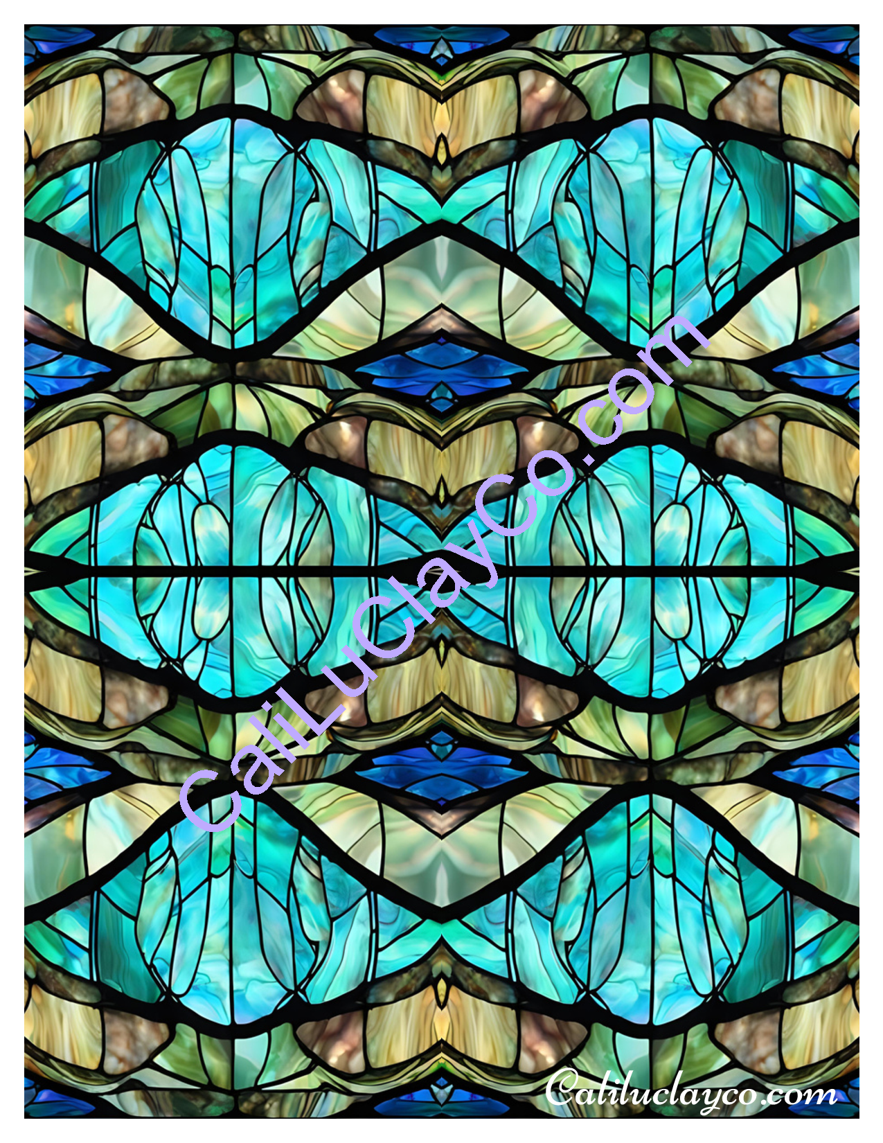 Aqua Stained Glass Mirrored Pattern Polymer Clay Water-Soluble Transfer Sheet / Tattoo Paper