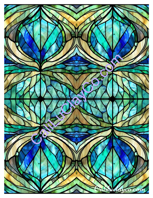 Teal Stained Glass #19 Mirrored Pattern Polymer Clay Water-Soluble Transfer Sheet / Tattoo Paper