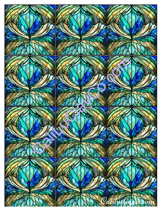 Teal Stained Glass #19 MULTI Pattern Polymer Clay Water-Soluble Transfer Sheet / Tattoo Paper