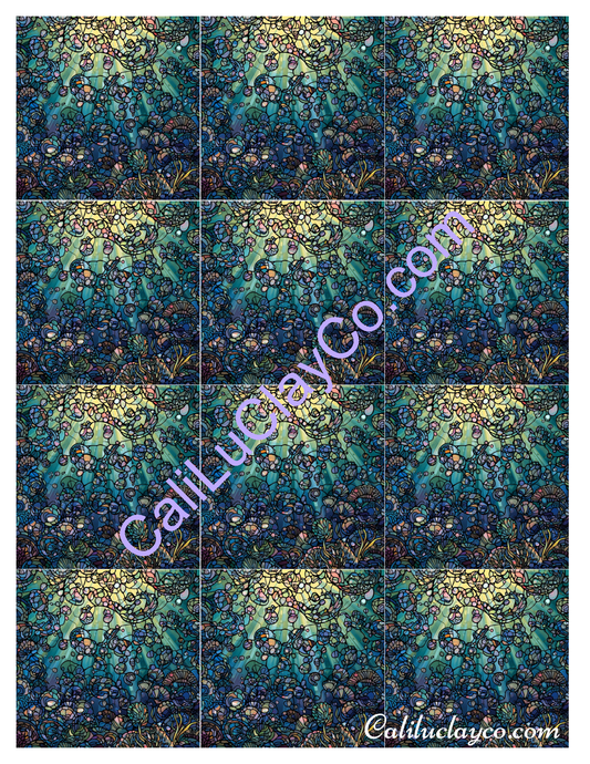 Abstract Underwater Stained Glass MULTI Left & Right Polymer Clay Water-Soluble Transfer Sheet / Tattoo Paper