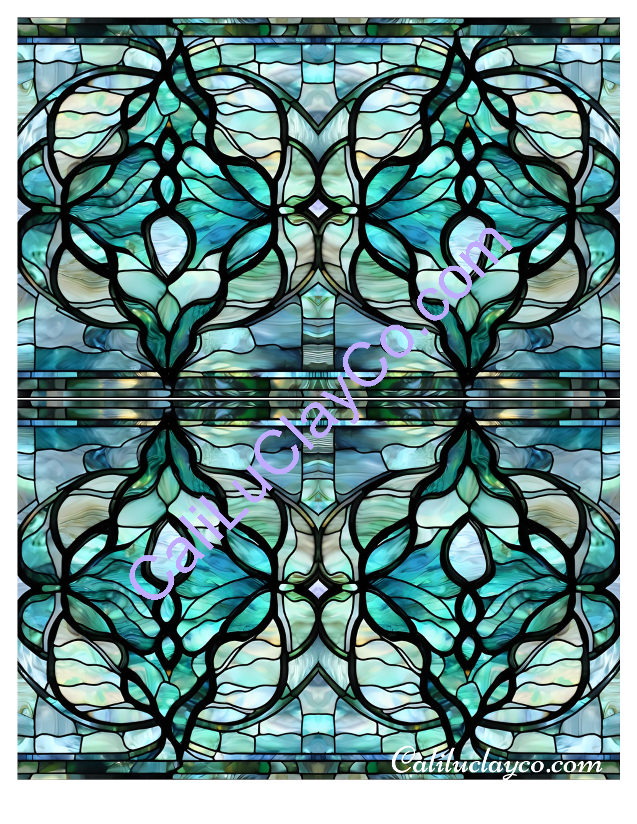 Teal Stained Glass Pattern #21 Mirrored Polymer Clay Water-Soluble Transfer Sheet / Tattoo Paper