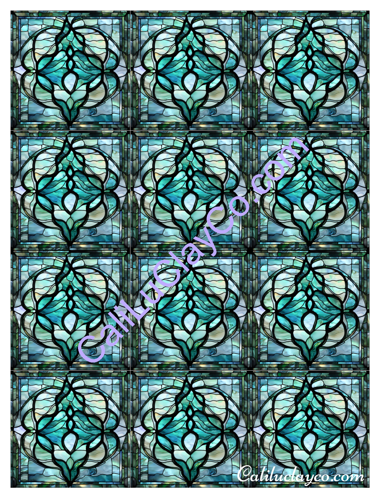 Teal Stained Glass Pattern #21 MULTI Left & Right Polymer Clay Water-Soluble Transfer Sheet / Tattoo Paper
