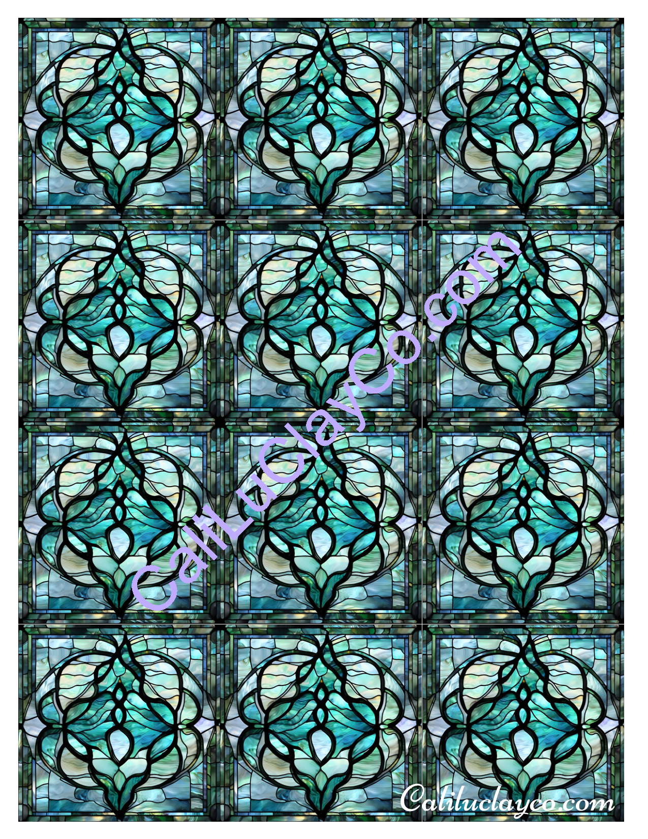 Teal Stained Glass Pattern #21 MULTI Left & Right Polymer Clay Water-Soluble Transfer Sheet / Tattoo Paper