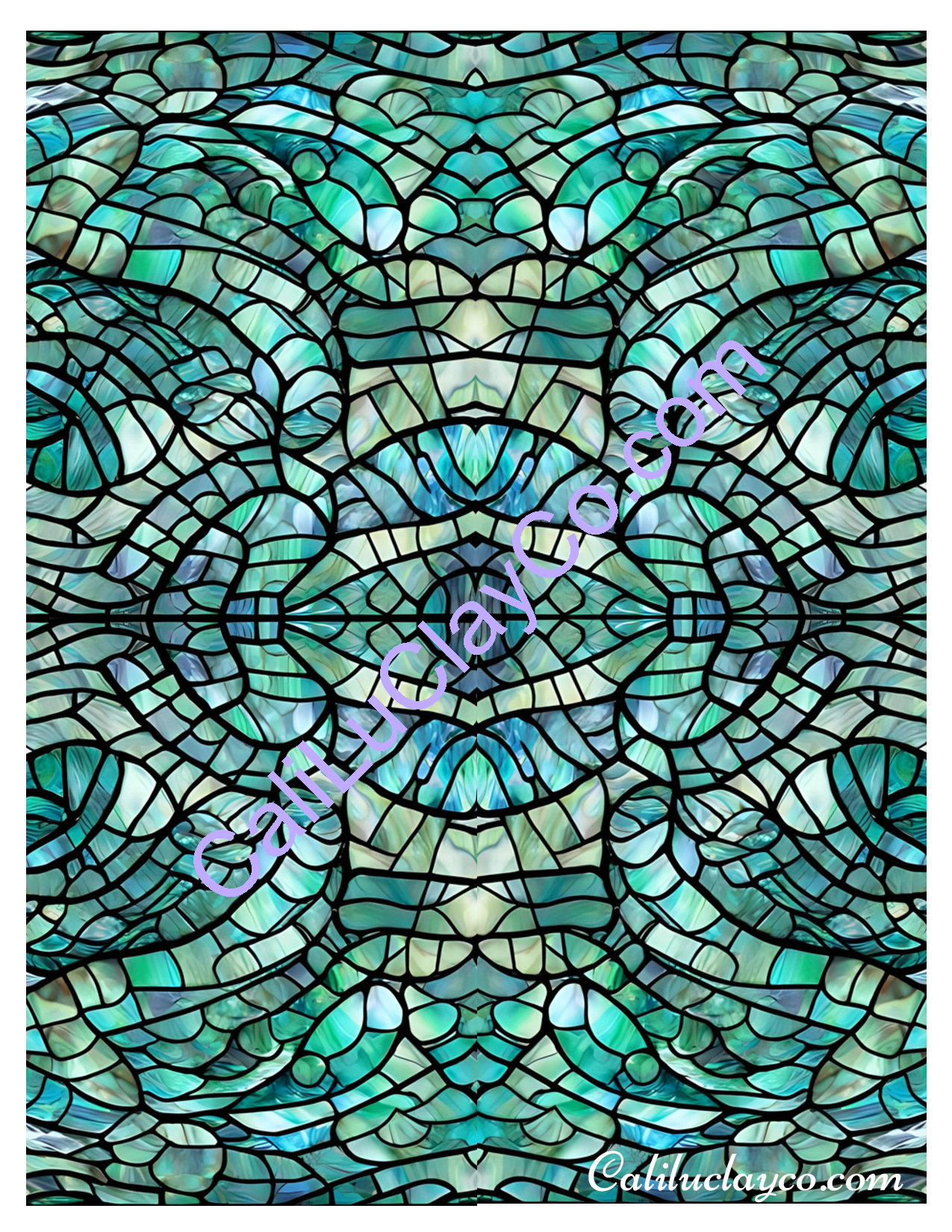 Teal Stained Glass Pattern #22 Mirrored Polymer Clay Water-Soluble Transfer Sheet / Tattoo Paper