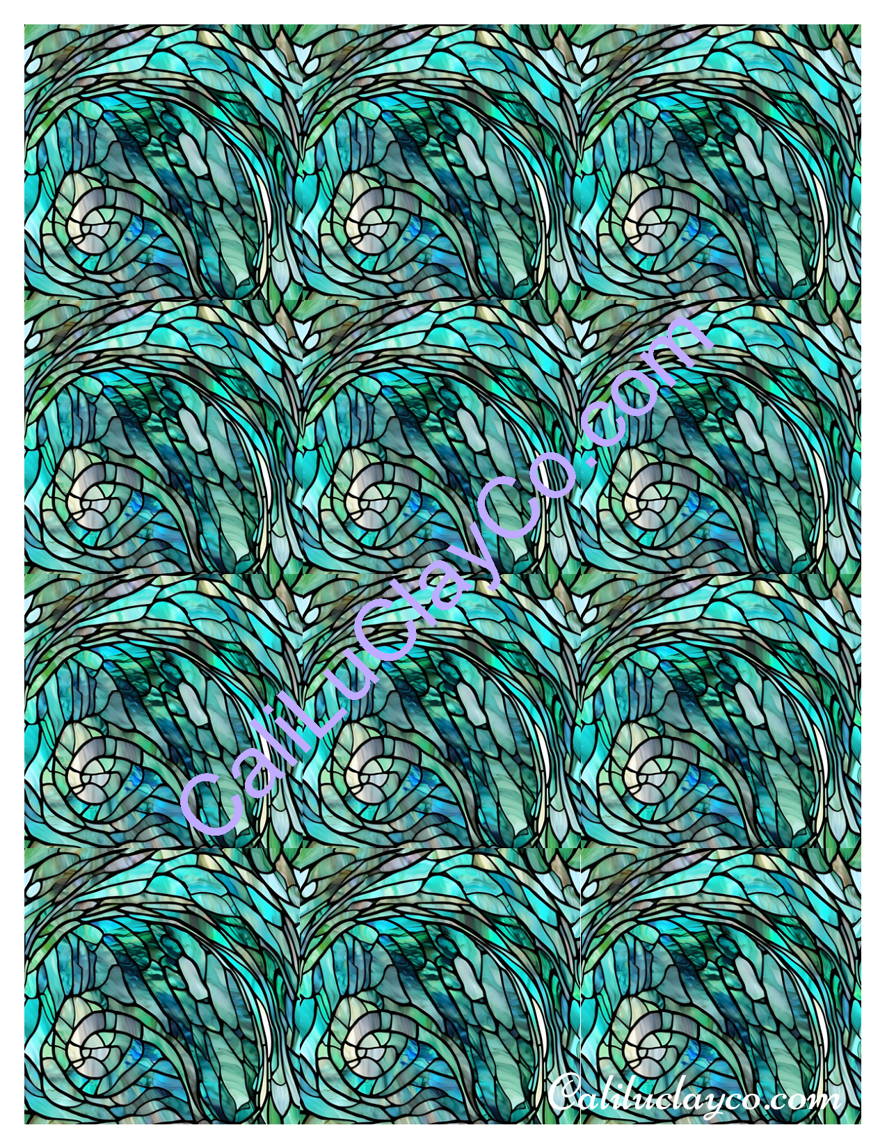 Teal Stained Glass Pattern #23 MULTI Left & Right Polymer Clay Water-Soluble Transfer Sheet / Tattoo Paper