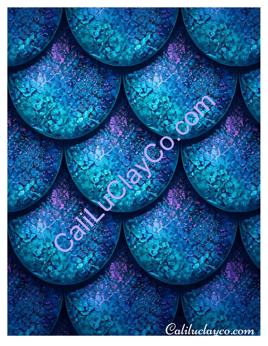 Teal & Purple Specks Mermaid Scales Large & Multi x12 Polymer Clay Water-Soluble Transfer Sheet / Tattoo Paper