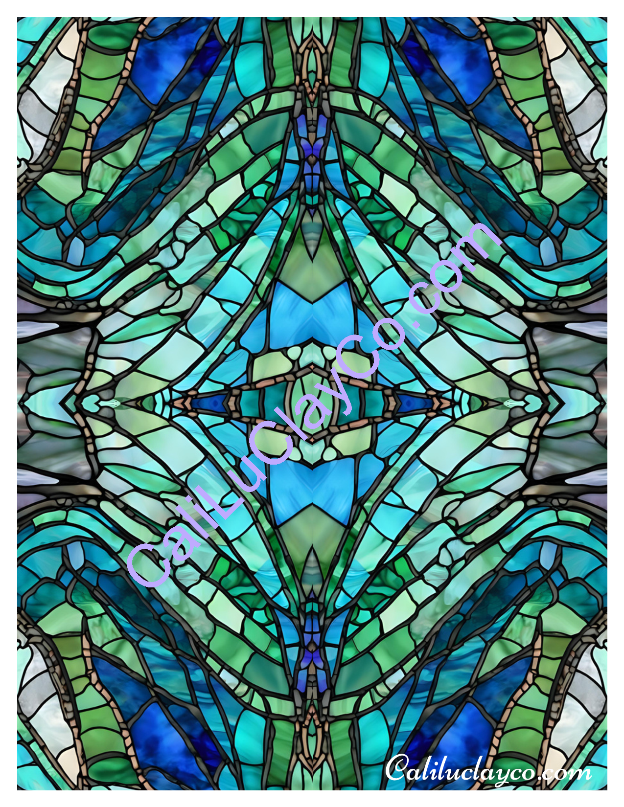 Teal Stained Glass Pattern #25 Mirrored Version #1 Polymer Clay Water-Soluble Transfer Sheet / Tattoo Paper