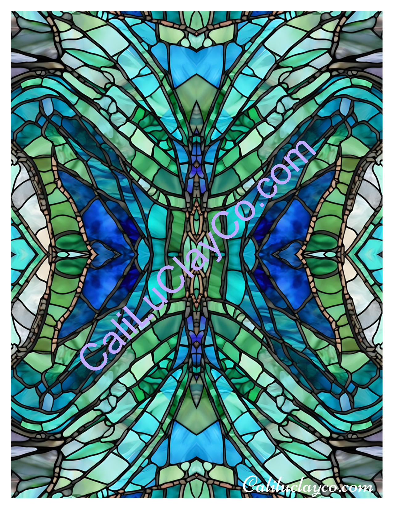 Teal Stained Glass Pattern #25 Mirrored Version #2 Polymer Clay Water-Soluble Transfer Sheet / Tattoo Paper