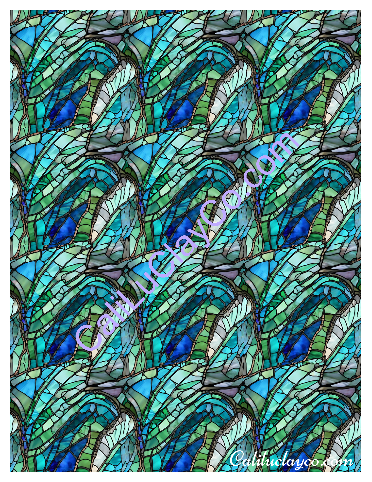 Teal Stained Glass Pattern #25 MULTI Left & Right Polymer Clay Water-Soluble Transfer Sheet / Tattoo Paper