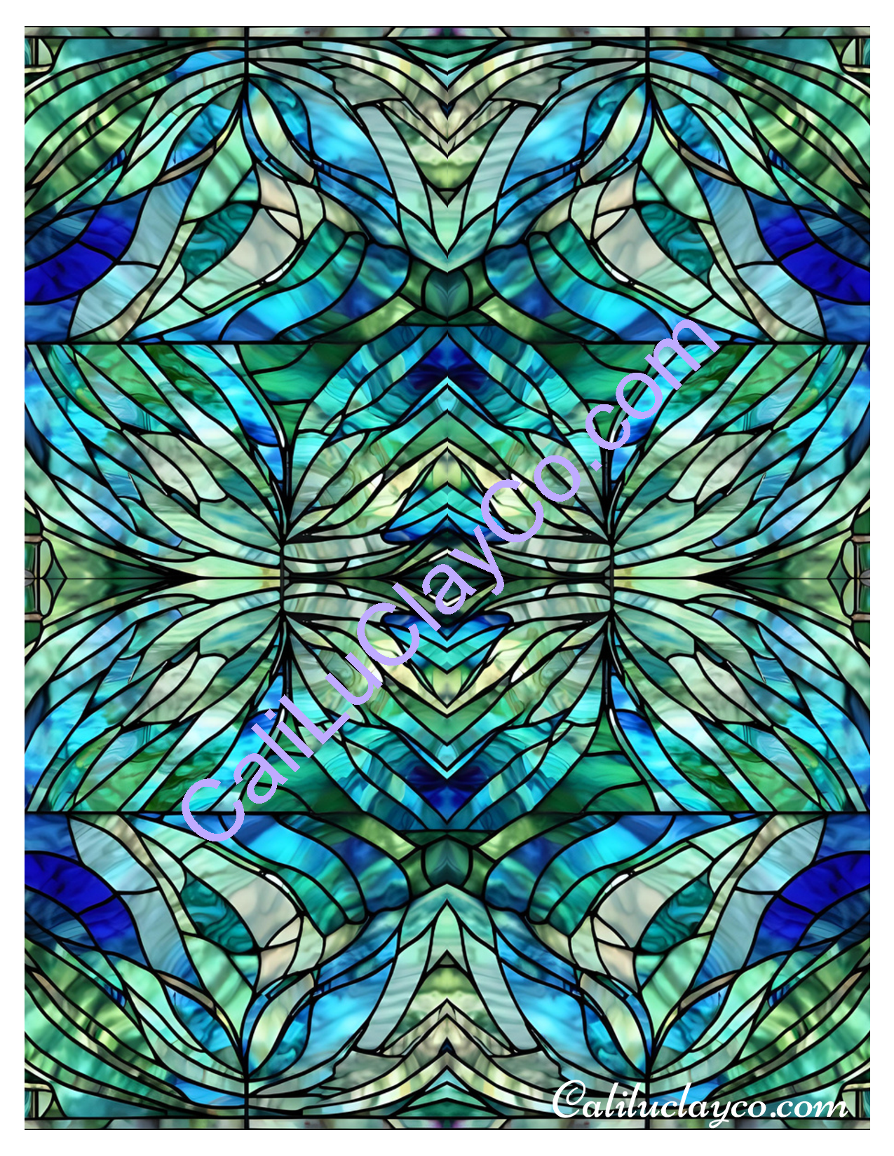 Teal Stained Glass Pattern #27 Mirrored Polymer Clay Water-Soluble Transfer Sheet / Tattoo Paper