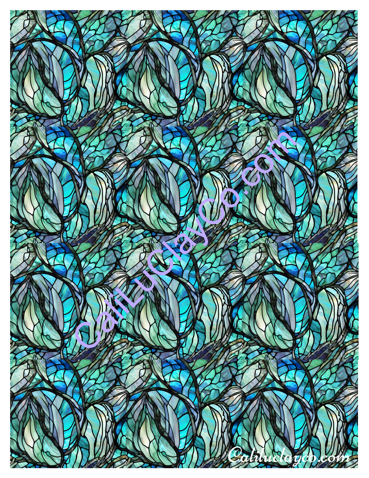 Teal Stained Glass Pattern #28 MULTI Left & Right Polymer Clay Water-Soluble Transfer Sheet / Tattoo Paper