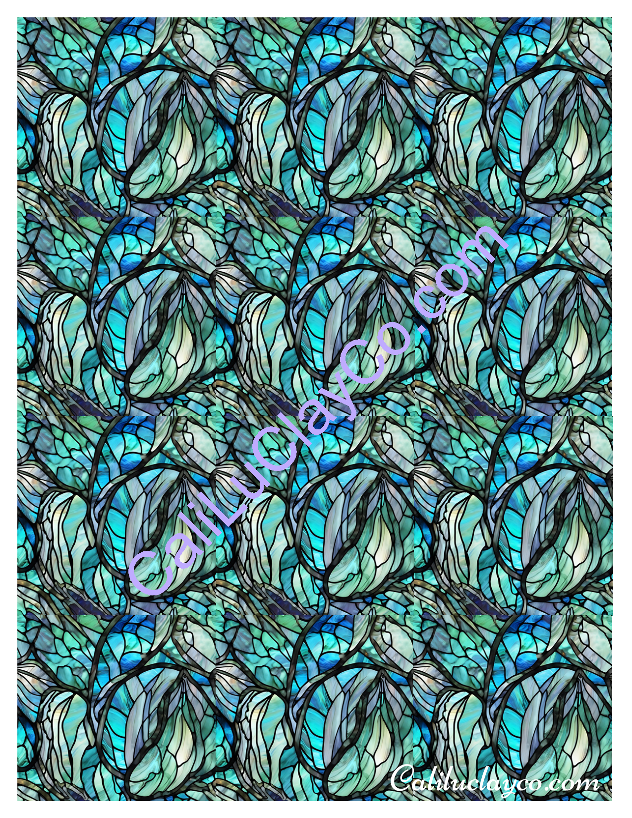 Teal Stained Glass Pattern #28 MULTI Left & Right Polymer Clay Water-Soluble Transfer Sheet / Tattoo Paper