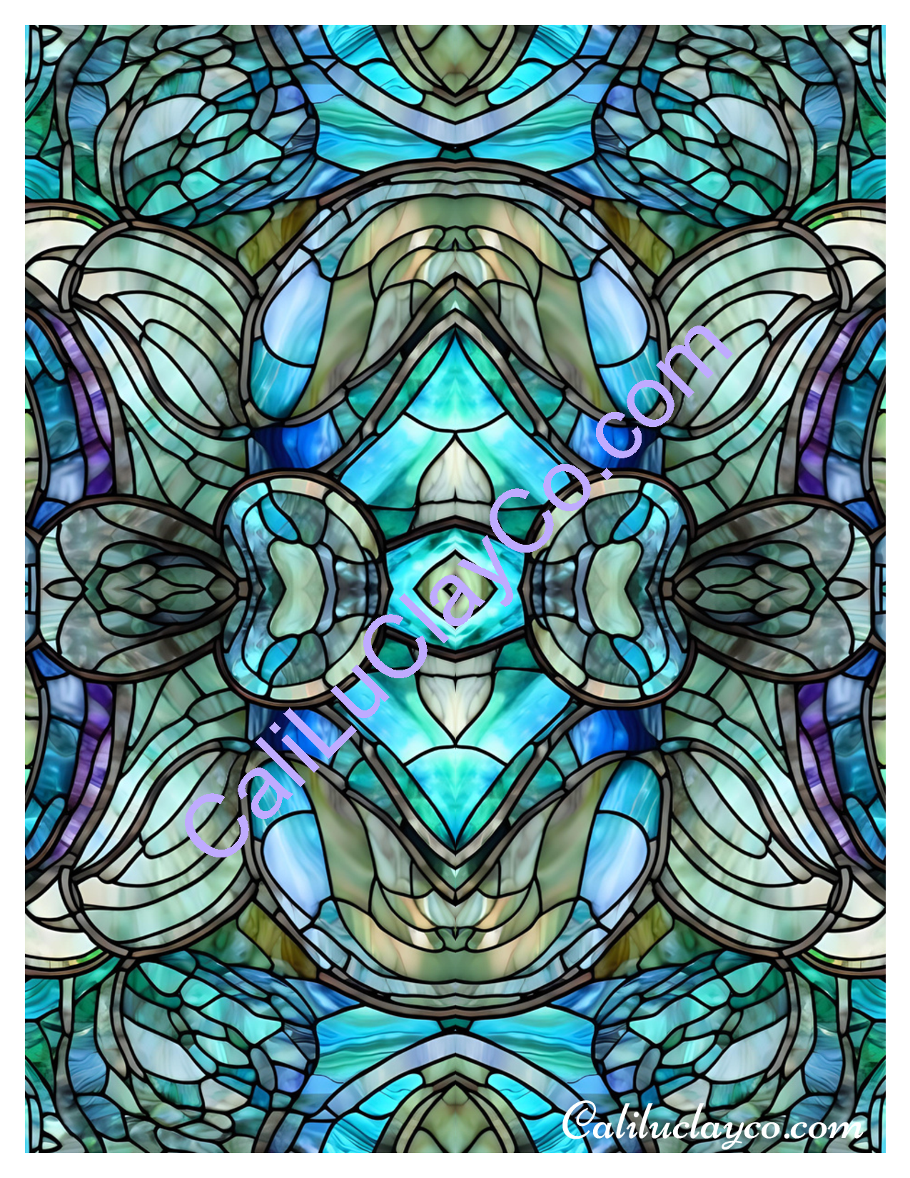 Teal Stained Glass Pattern #30 Mirrored Polymer Clay Water-Soluble Transfer Sheet / Tattoo Paper
