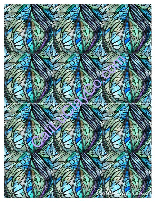 Teal Stained Glass Pattern #33 MULTI Left & Right Polymer Clay Water-Soluble Transfer Sheet / Tattoo Paper