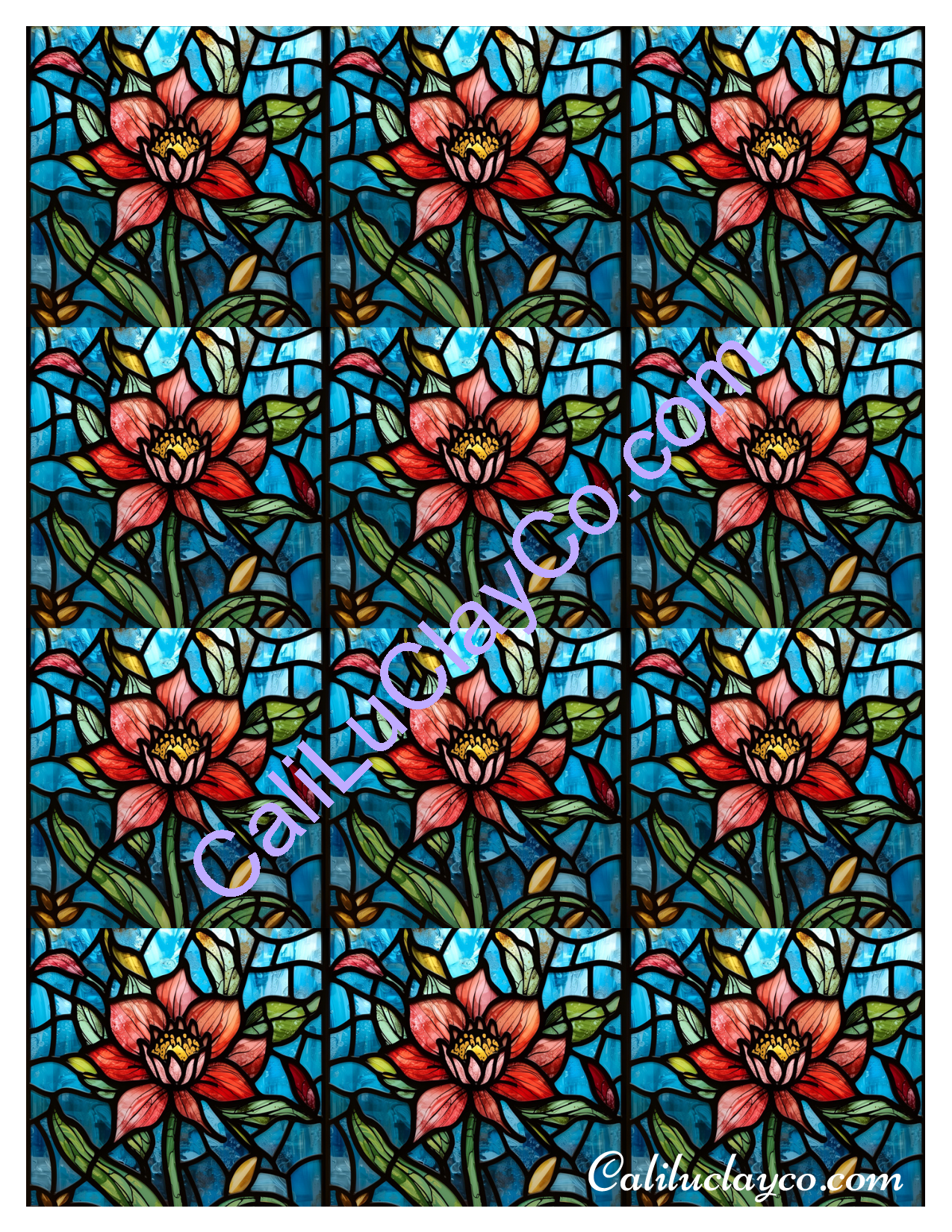 Floral Stained Glass #2 MULTI Left & Right Polymer Clay Water-Soluble Transfer Sheet / Tattoo Paper