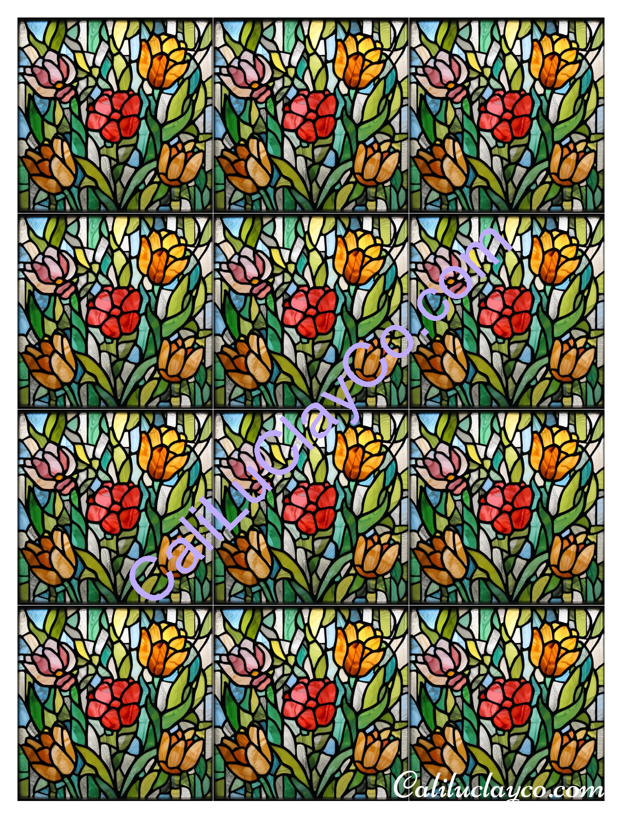 Floral Stained Glass #3 MULTI Left & Right Polymer Clay Water-Soluble Transfer Sheet / Tattoo Paper