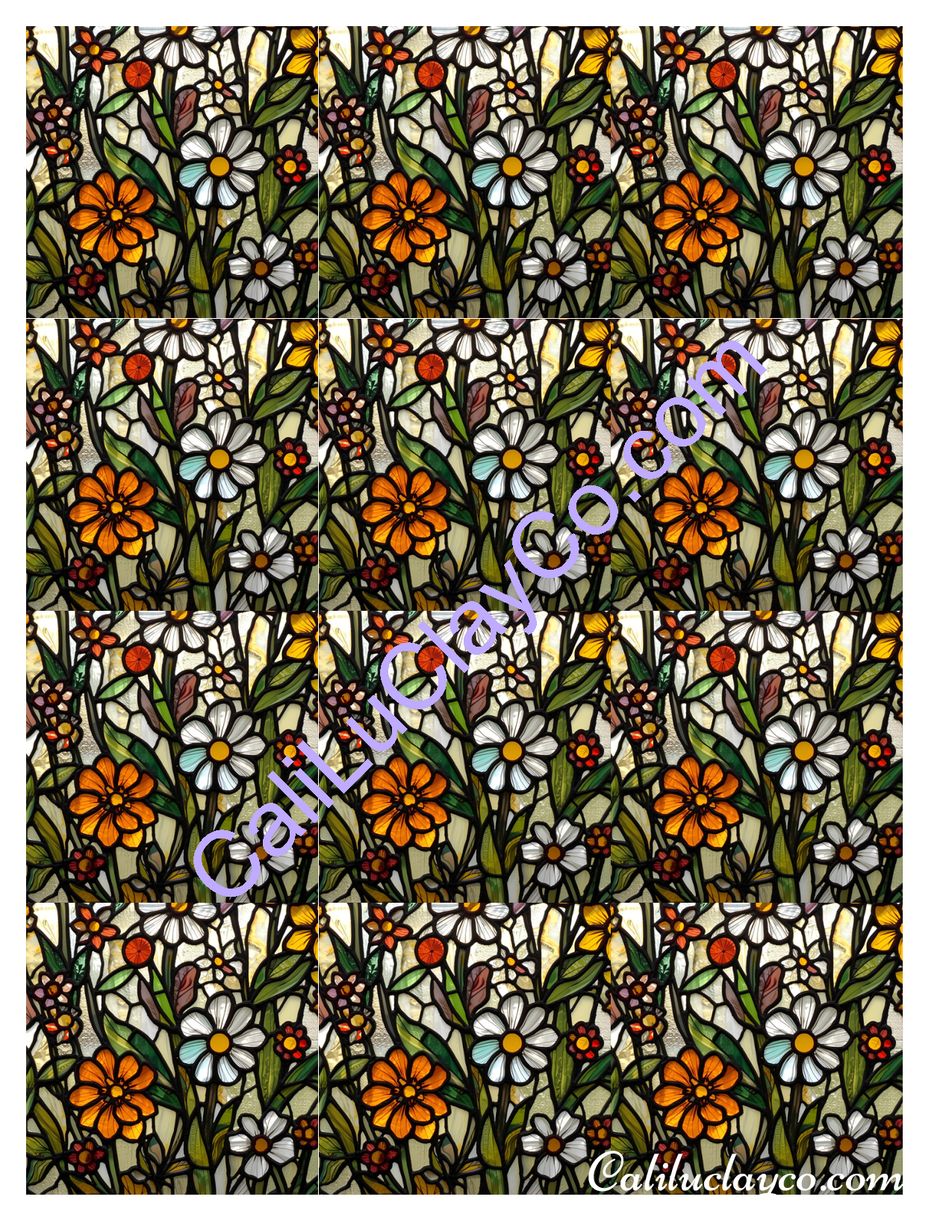 Floral Stained Glass #4 MULTI Left & Right Polymer Clay Water-Soluble Transfer Sheet / Tattoo Paper