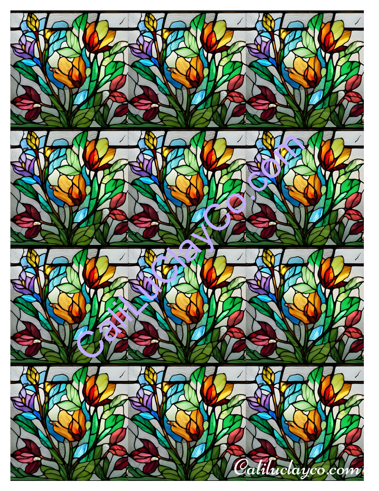 Floral Stained Glass #5 MULTI Left & Right Polymer Clay Water-Soluble Transfer Sheet / Tattoo Paper