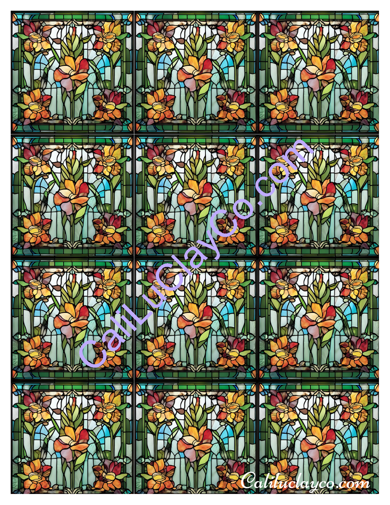 Floral Stained Glass #6 MULTI Left & Right Polymer Clay Water-Soluble Transfer Sheet / Tattoo Paper