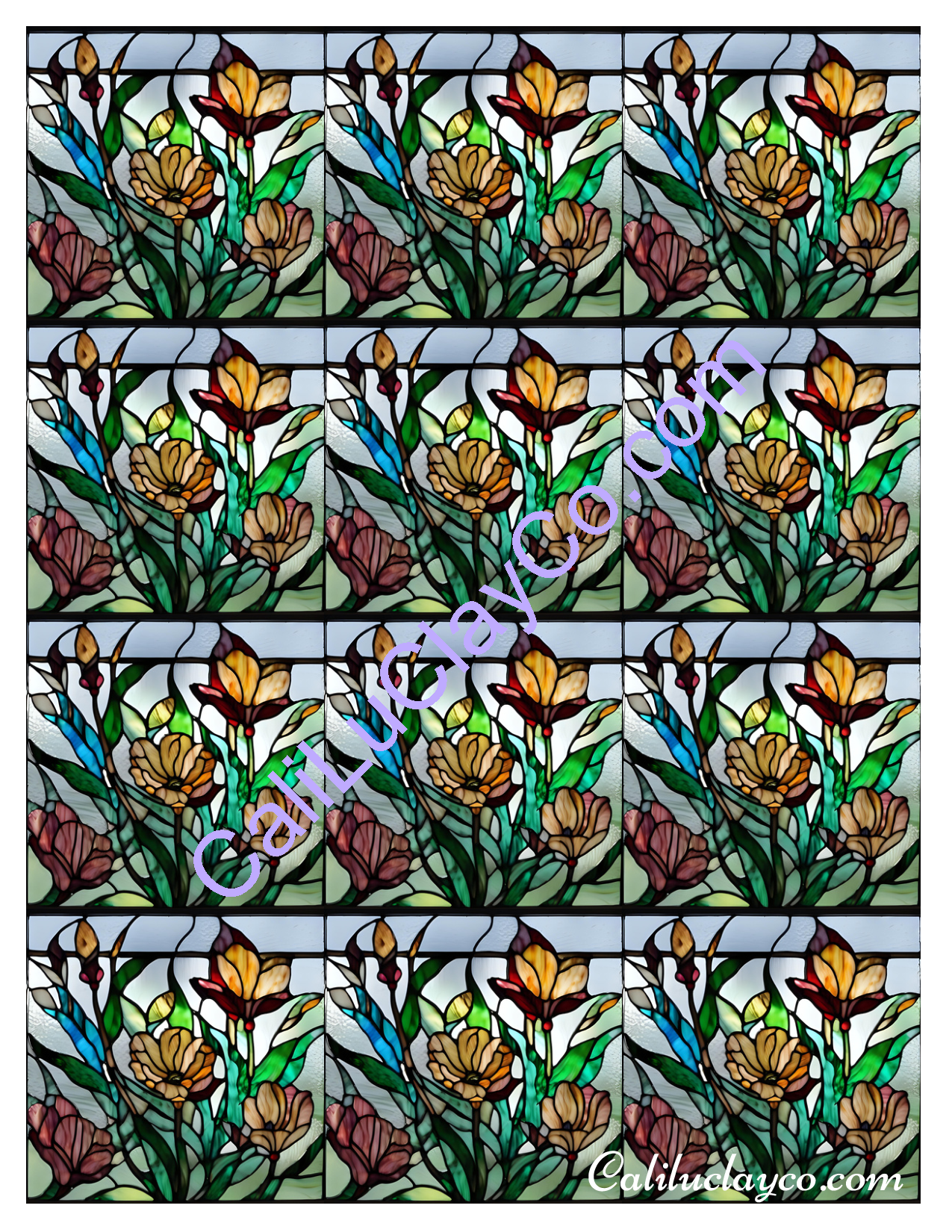 Floral Stained Glass #7 MULTI Left & Right Polymer Clay Water-Soluble Transfer Sheet / Tattoo Paper
