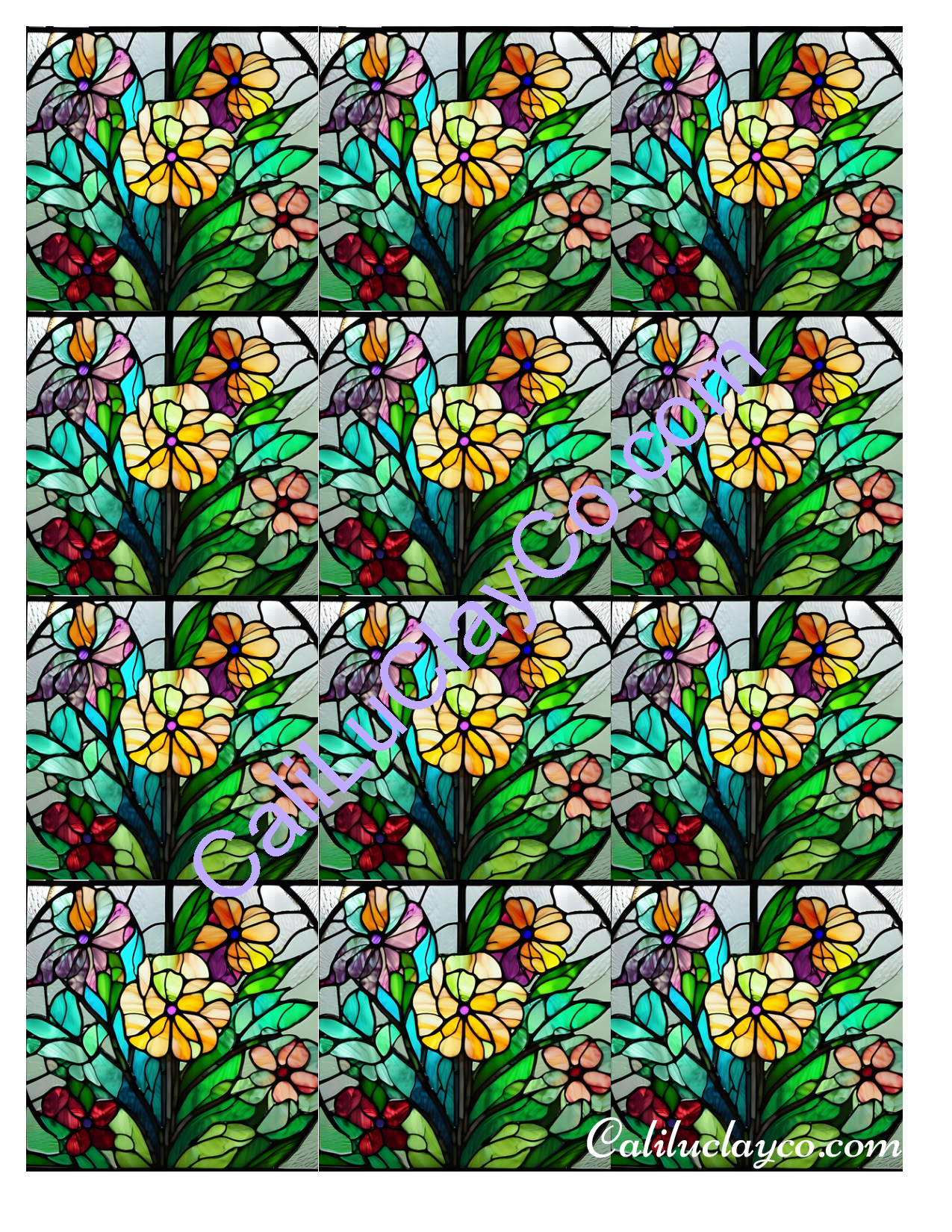 Floral Stained Glass #9 MULTI Left & Right Polymer Clay Water-Soluble Transfer Sheet / Tattoo Paper