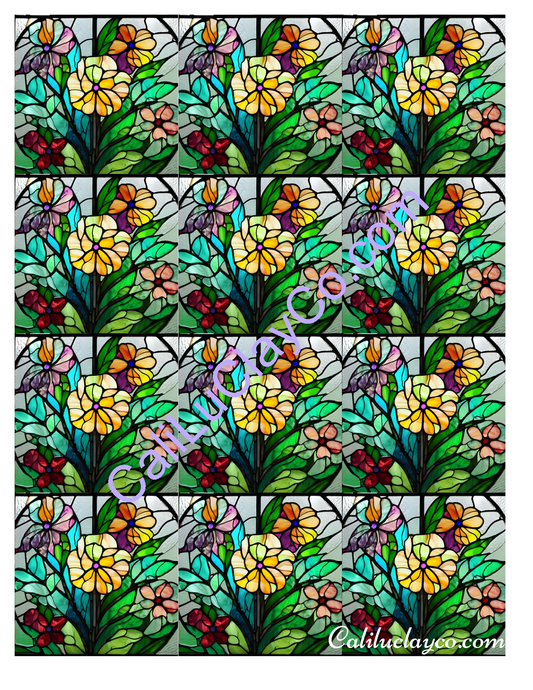 Floral Stained Glass #9 MULTI Left & Right Polymer Clay Water-Soluble Transfer Sheet / Tattoo Paper