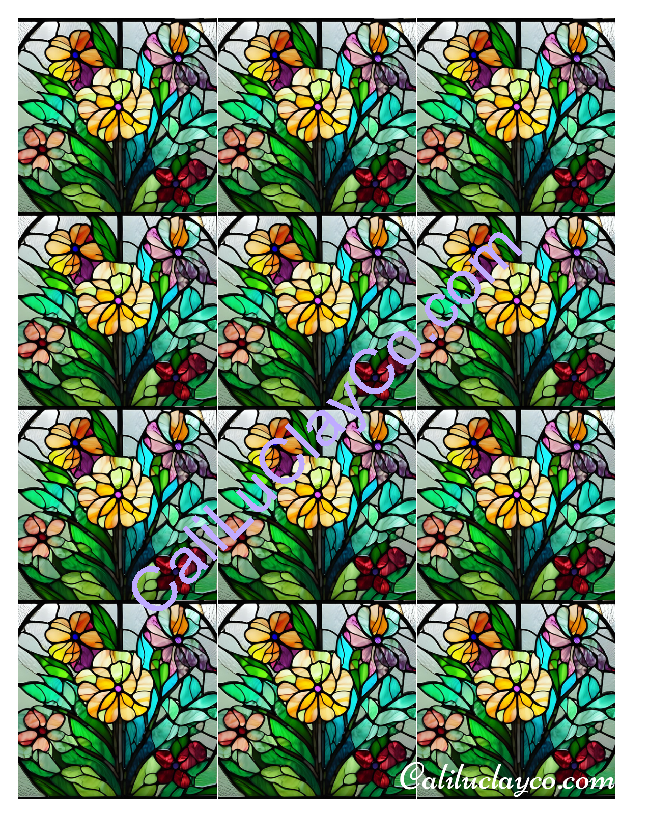 Floral Stained Glass #9 MULTI Left & Right Polymer Clay Water-Soluble Transfer Sheet / Tattoo Paper