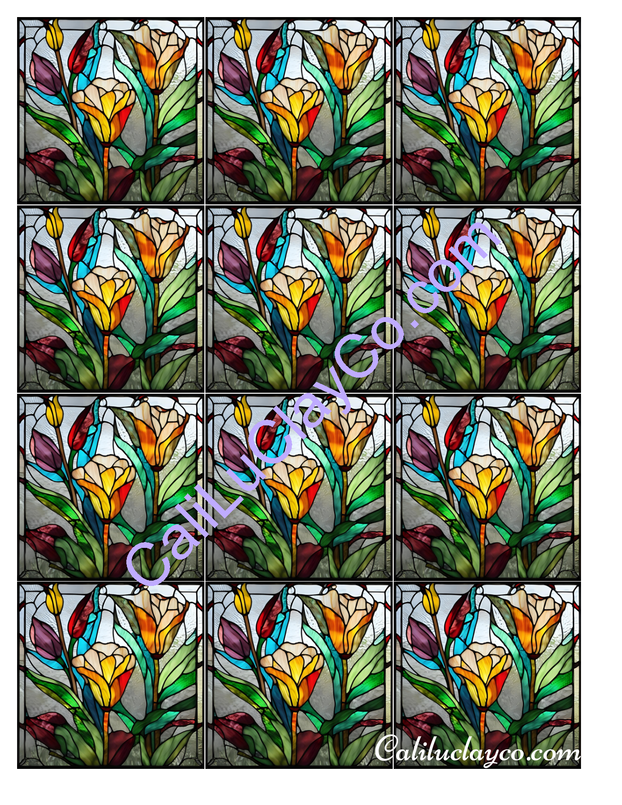Floral Stained Glass #10 MULTI Left & Right Polymer Clay Water-Soluble Transfer Sheet / Tattoo Paper