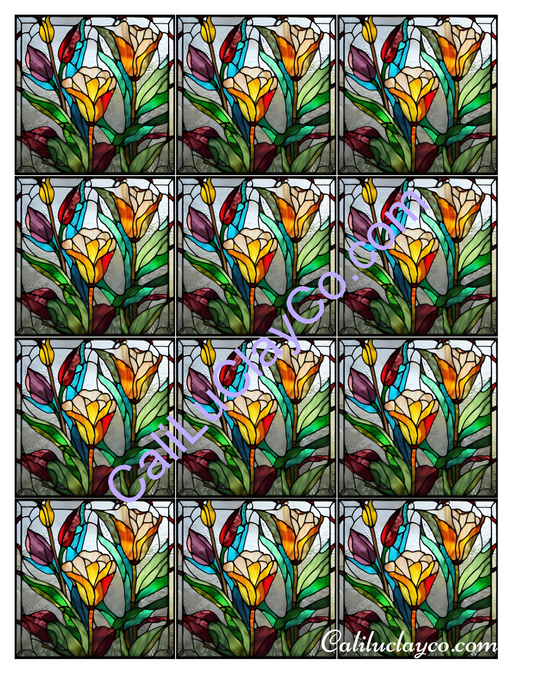 Floral Stained Glass #10 MULTI Left & Right Polymer Clay Water-Soluble Transfer Sheet / Tattoo Paper