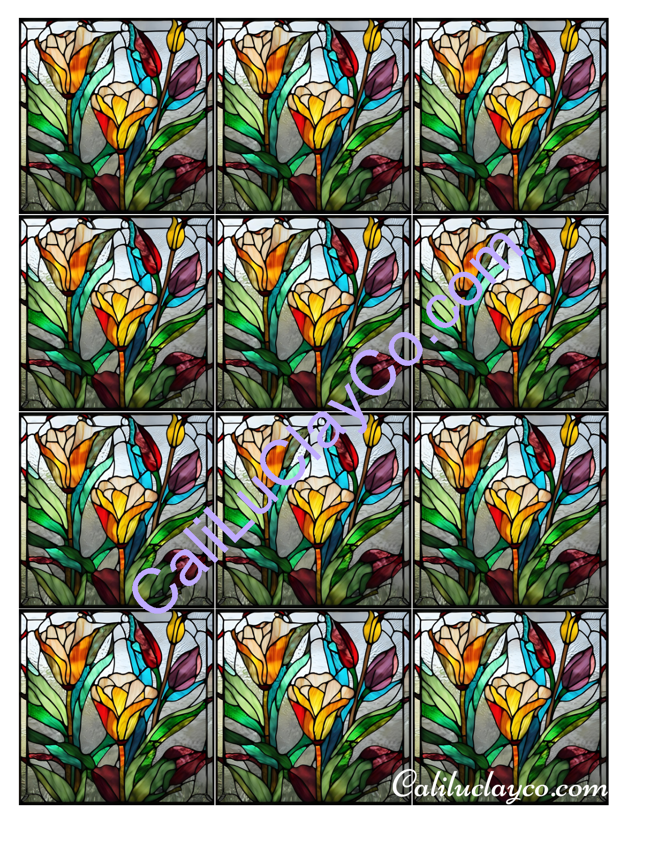 Floral Stained Glass #10 MULTI Left & Right Polymer Clay Water-Soluble Transfer Sheet / Tattoo Paper