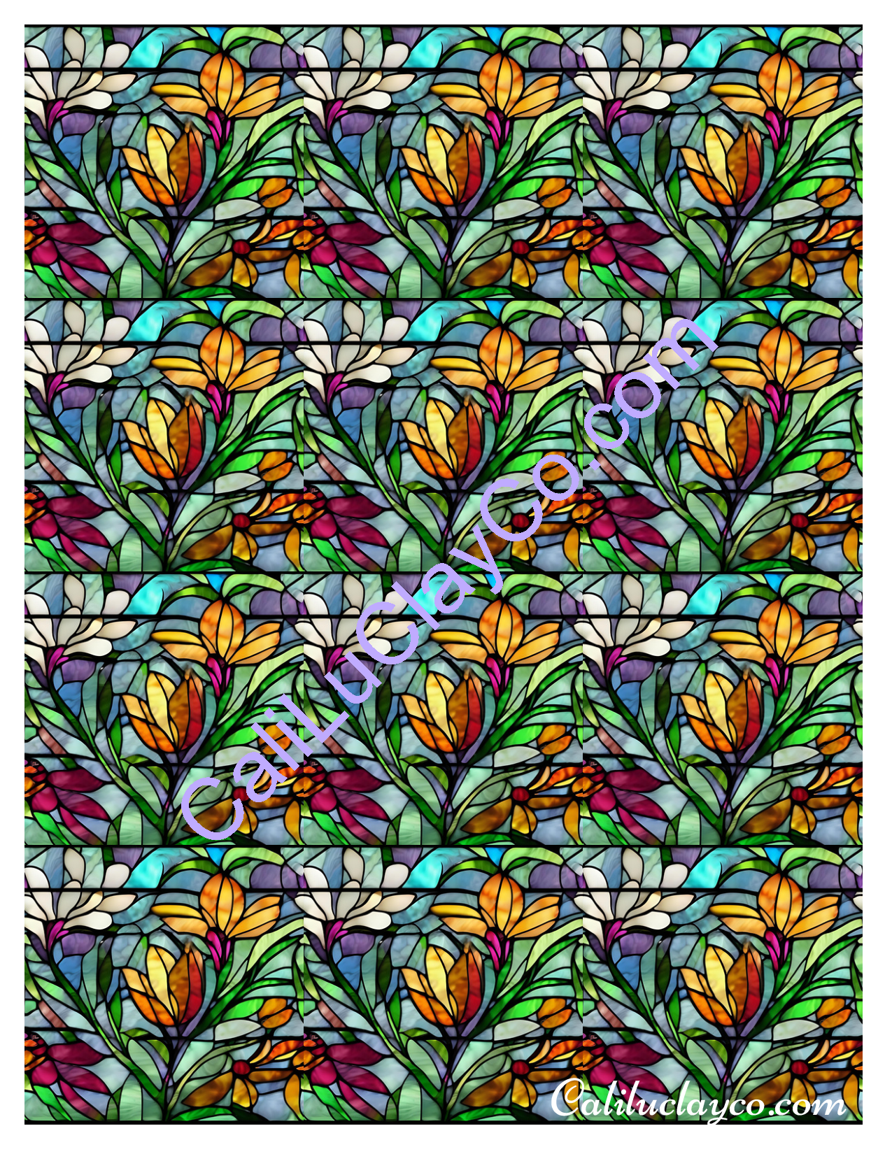Floral Stained Glass #11 MULTI Left & Right Polymer Clay Water-Soluble Transfer Sheet / Tattoo Paper